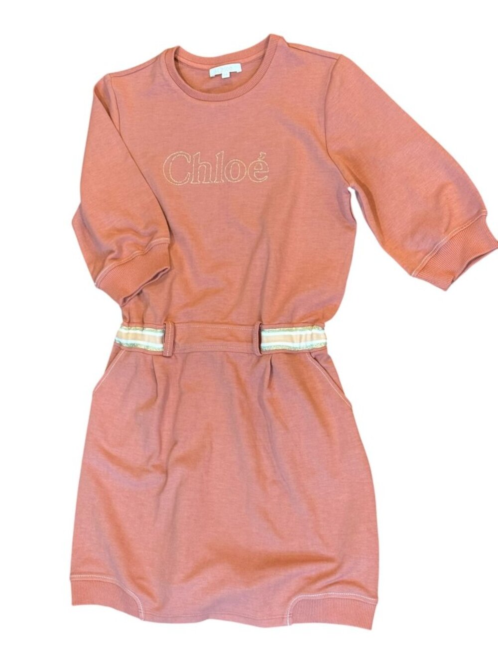 Chloé Kids Coral Pink Logo Dress With Gold Embroidery , Size 14
